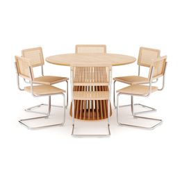 Ruokailuryhmä Peyra, Ø120cm, 6 Matkplolar tuolia, luonnonväri (01698)