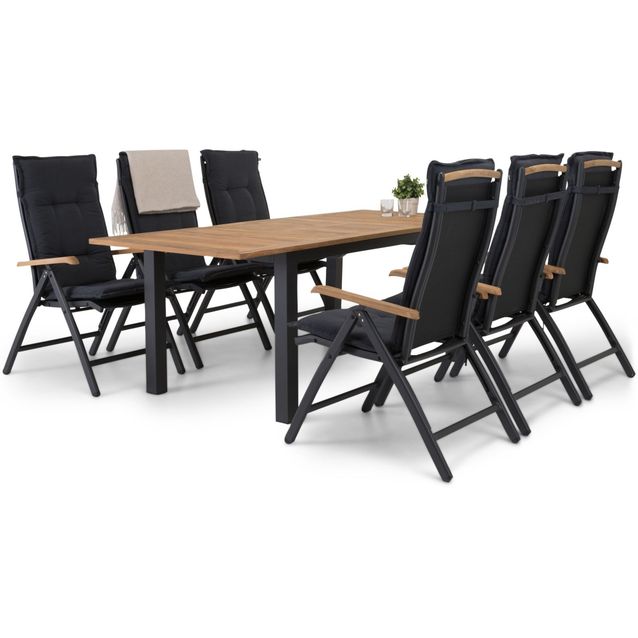 Ruokailuryhmä Las Vegas 152/210cm, 6 Lyx-säätötuolia, musta/tiikki