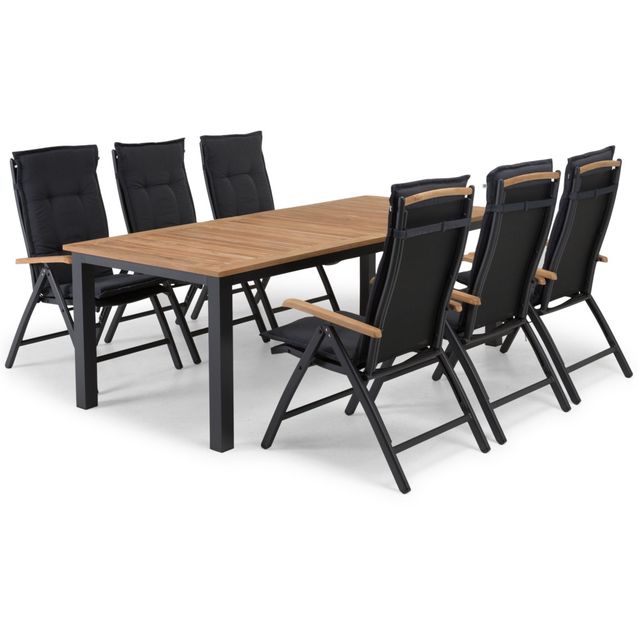 Ruokailuryhmä Las Vegas 220/280cm, 6 Lyx-säätötuolia, musta/tiikki