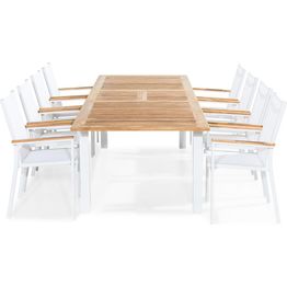 Ruokailuryhmä Las Vegas 220/280cm jatkettava pöytä + 8 pinottavaa tuolia valkoinen/tiikki