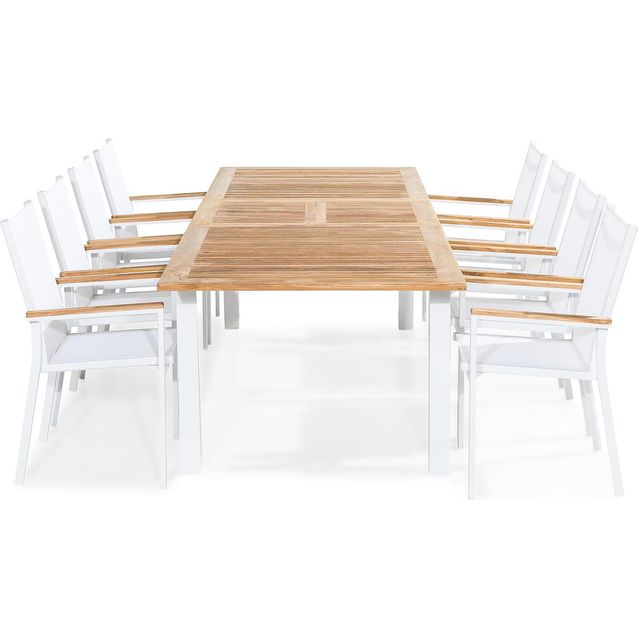 Ruokailuryhmä Las Vegas 220-280cm jatkettava pöytä 8 pinottavaa tuolia valkoinen-tiikki