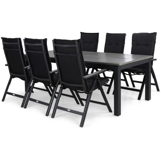 Ruokailuryhmä Monaco 220/280cm, 6 säätötuolia pehmusteella, musta