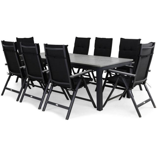 Ruokailuryhmä Monaco 220/280cm, 8 säätötuolia pehmusteella, musta
