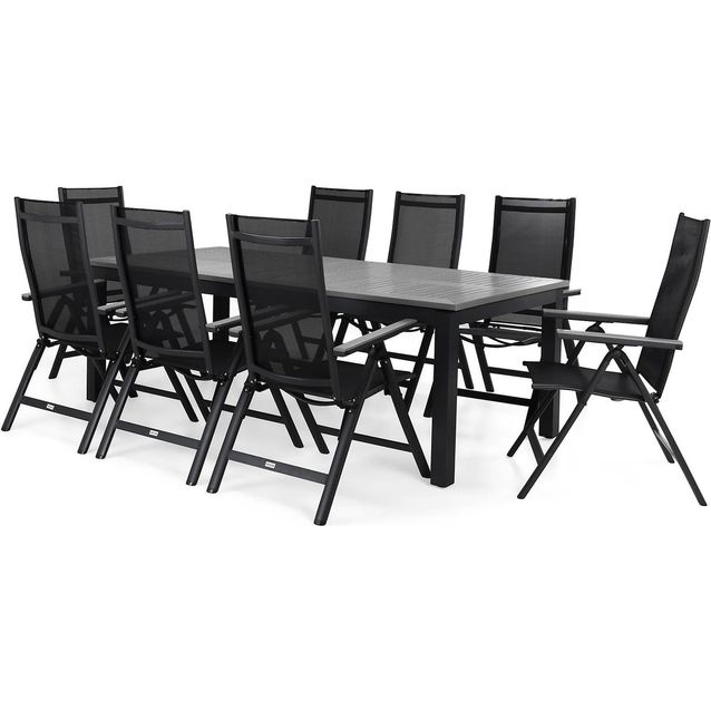 Ruokailuryhmä Monaco-Monaco 220-280 cm jatkettava pöytä 8 säädettävää tuolia musta-harmaa