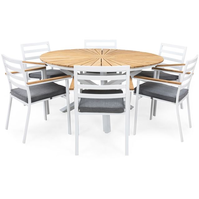Ruokailuryhmä Oliver Ø140cm, 6 tuolia pehmusteilla, tiikki/valkoinen
