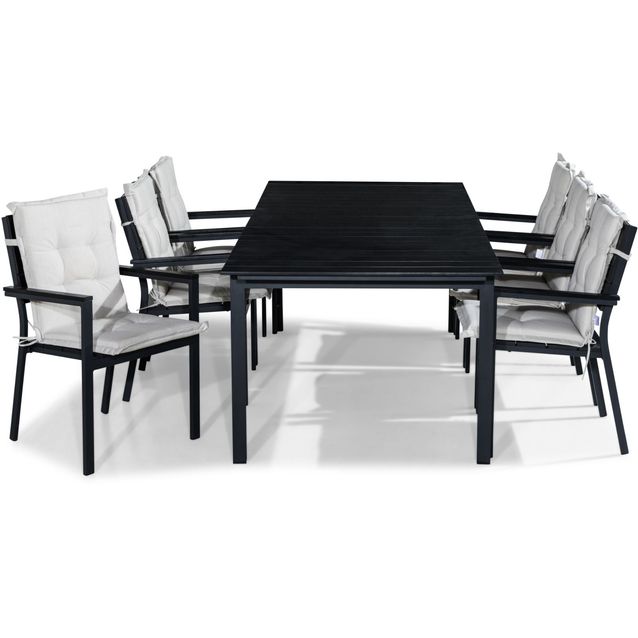 Ruokailuryhmä Tunis 220/280x90cm, 6 tuolia pehmusteilla, musta/luonnonvalkoinen