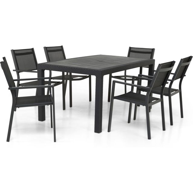 Ruokailuryhmä Saga 160 cm 6 pinottavaa tuolia harmaa/musta