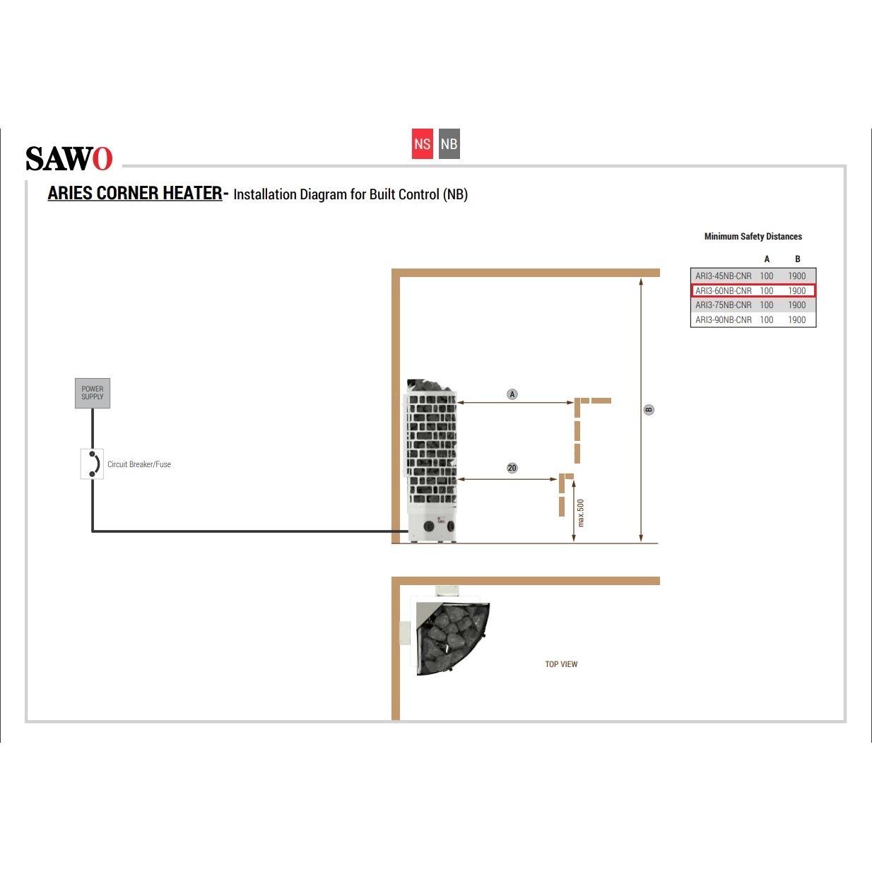 Turvaetäisyydet sähkökiuas Aries Corner 6 kW (5-9 m³) kiinteä ohjauskeskus