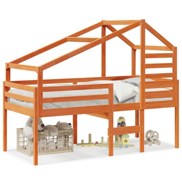 Sänky korotettu katoksella vahanruskea 80x200 cm täysi mänty (81976)