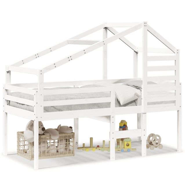 Sänky korotettu katoksella valkoinen 80x200 cm täysi mänty (81975)