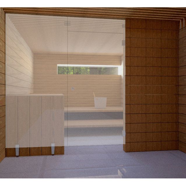 Saunan lasiseinä Vihtan 5 ovi + ylälasi + sivulasi rst jaloilla satiini