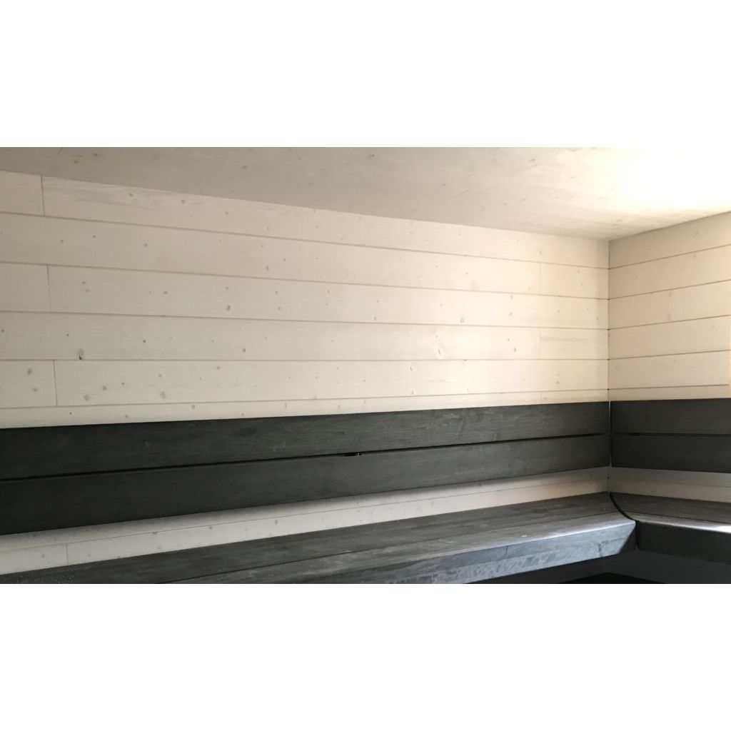 Saunapaneeli Aure Kuusi STS/V PN 18x145x2370 mm kuultovalkoinen saunassa