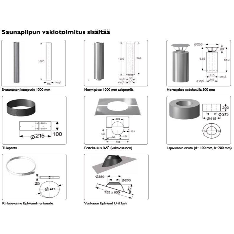 Saunapiippu Schiedel 115 mm musta, toimitussisältö