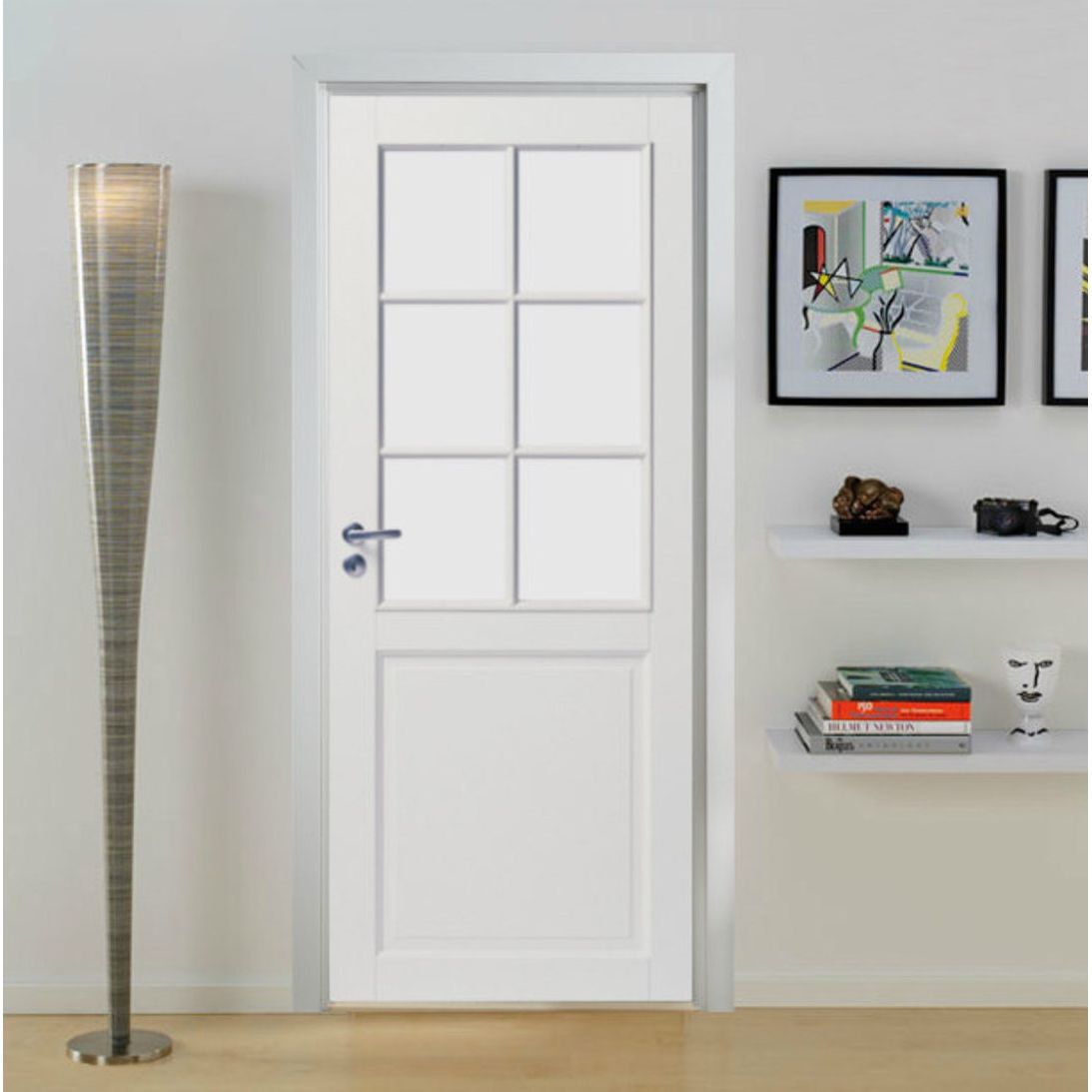 Valkoinen 6-ruutuinen Swedoor Craft 102 6-ruutuinen sisäovi olohuoneessa