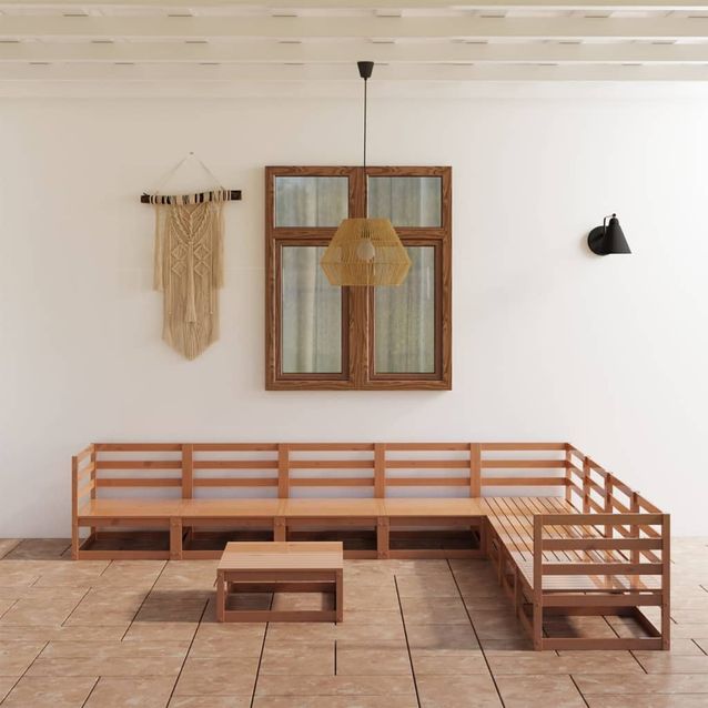 Sohvasarja ulkokäyttöön, hunajanruskea, mäntypuu, 9 osaa