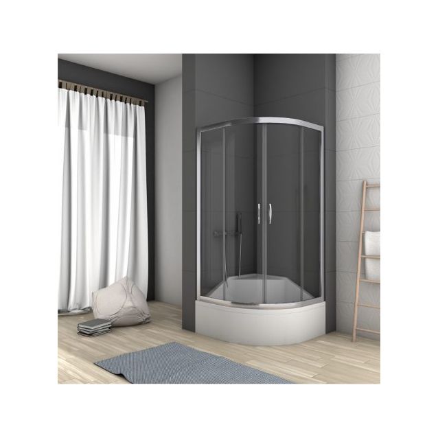 Schönberg Agnes minimalistinen kaareva suihkunurkka kromiprofiililla ja grafiitinvärisellä lasilla. Suihkunurkan lasit ovat 6mm karkaistua turvalasia ja saranat, helat sekä kahvat metallia. Ovien välissä on magneettitiiviste, joka pitää ovet tiiviisti sul