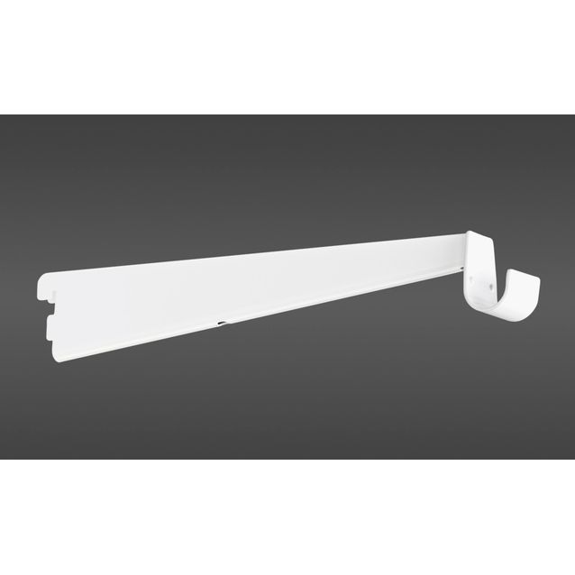 Valkoinen tankokannatin on kätevä lisäosa, jonka avulla asennat vaatetangon melamiinihyllyn etureunaan