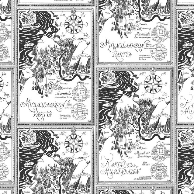 Lastenhuoneen tapetti Sandudd Muumi 5348-1, 0.53x10.05m, musta/valkoinen, non-woven