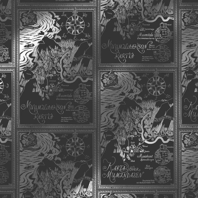 Lastenhuoneen tapetti Sandudd Muumi 5348-2, 0.53x10.05m, hopea/musta, non-woven