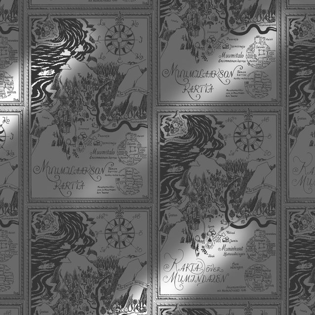 Lastenhuoneen tapetti Sandudd Muumi 5348-7, 0.53x10.05m, musta/hopea, non-woven