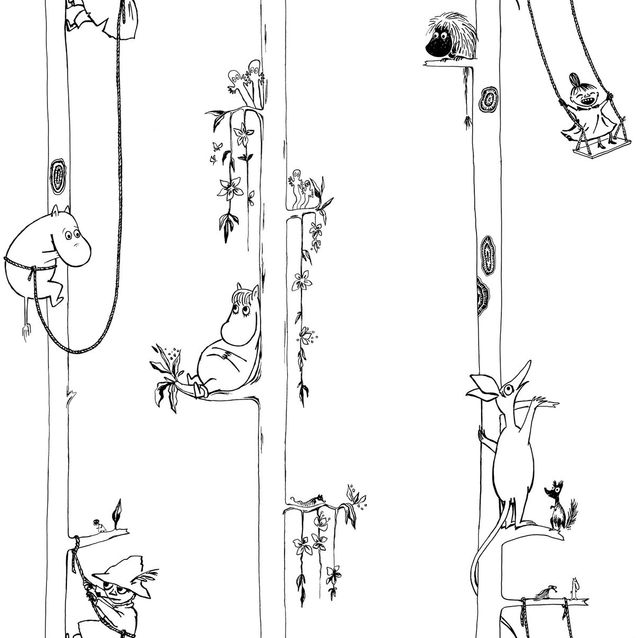 Lastenhuoneen tapetti Sandudd Muumi 5351-2, 0.53x10.05m, valkoinen/musta, non-woven