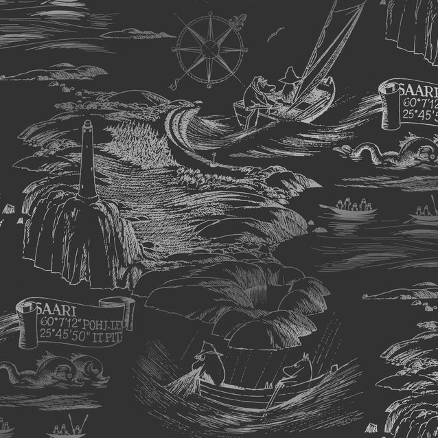 Lastenhuoneen tapetti Sandudd Muumi 5355-1, 0.53x10.05m, musta/hopea, non-woven