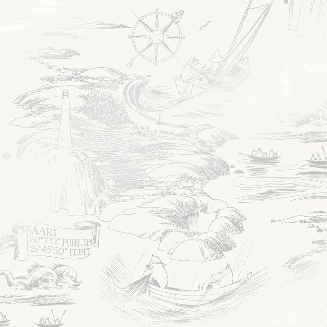 Lastenhuoneen tapetti Sandudd Muumi 5355-4, 0.53x10.05m, valkoinen/hopea, non-woven