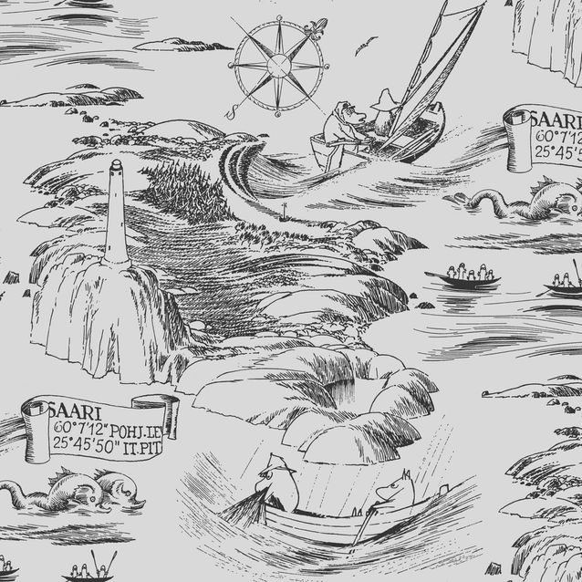 Lastenhuoneen tapetti Sandudd Muumi 5355-5, 0.53x10.05m, harmaa/musta, non-woven