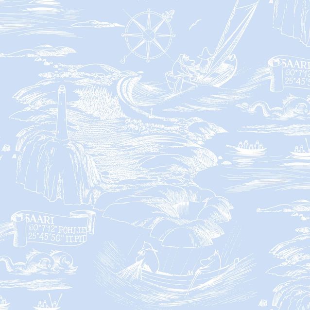 Lastenhuoneen tapetti Sandudd Muumi 5355-6, 0.53x10.05m, sininen/valkoinen, non-woven