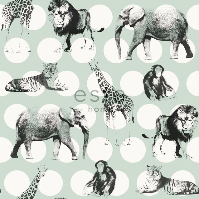 Lastenhuoneen tapetti Animals with Dots 128713 0,53x10,05 m minttu, hiilenmusta