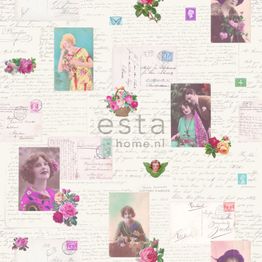 Tapetti Vintage Postcards 138126, non-woven, maalaisromanttinen, pinkki/turkoosi
