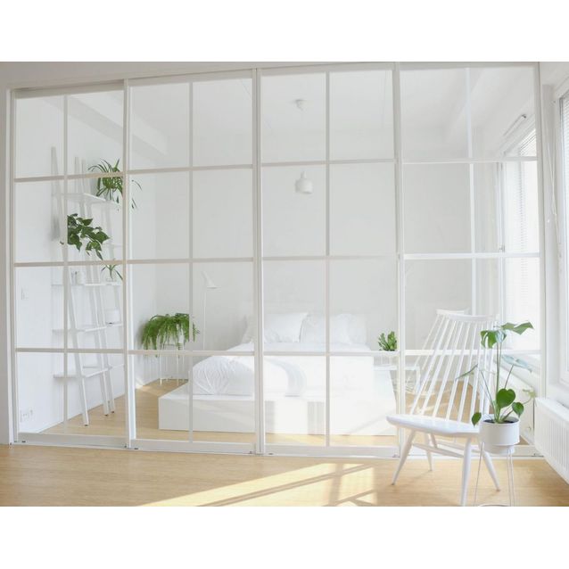 Tilanjakaja/liukuovi Mirror Line Ruudukko valkoinen neljällä ovella, matala malli, mittatilaus