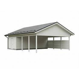 Autotakatoksen runkopaketti, kahden auton vaakarimoitettu katos kylmällä varastolla, kerrosala 21 m²