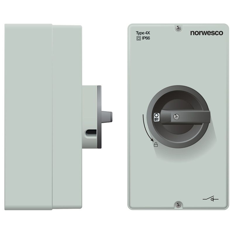 Turvakytkin Norwesco DCM416, DC-kytkin aurinkosähkölle, edestä väännettävä, 4x16A, 4xM20/M25 aihiota, 1500V, IP66, harmaa
