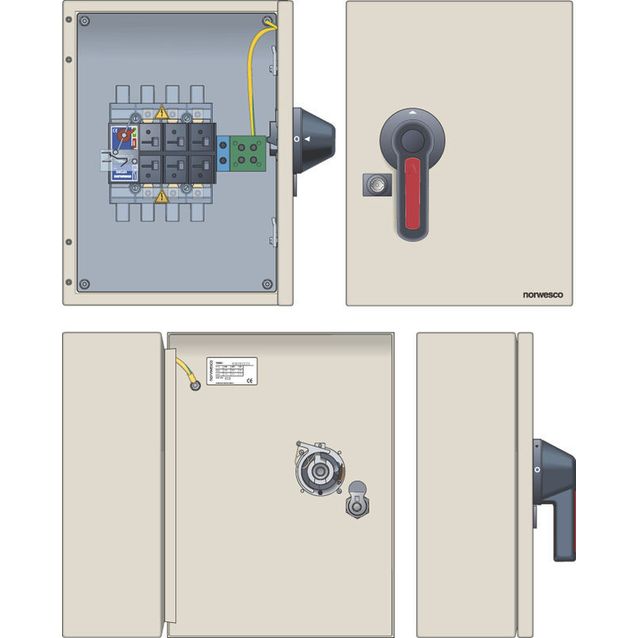 Turvakytkin Norwesco ESWM4 3125H, edestä väännettävä, 3x125A+apukosketin, 415V, 55kW, IP65, harmaa