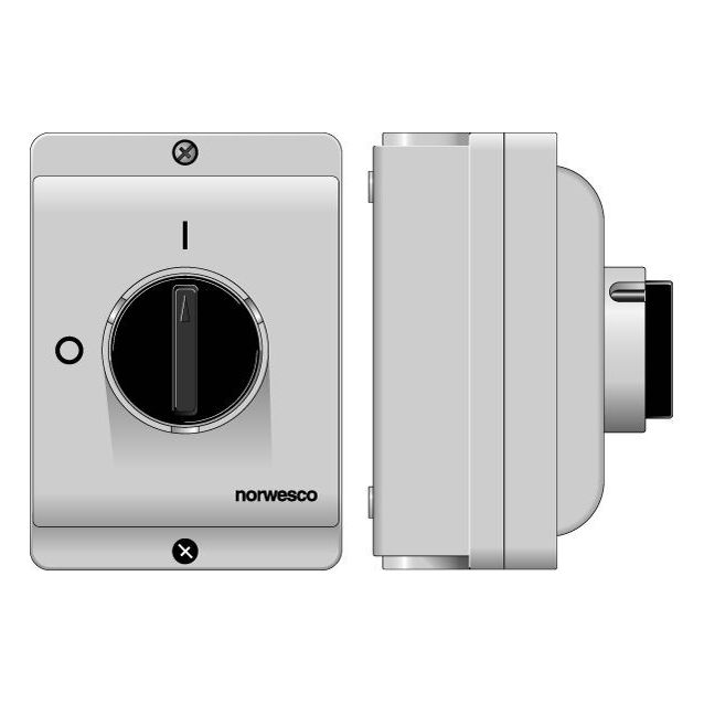 Turvakytkin Norwesco ESWP1 325, edestä väännettävä, 3x25A, 4xM25 läpivientiä, 500V, 11kW, IP65, harmaa