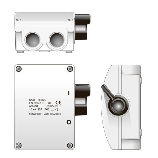Turvakytkin Norwesco EMC SA325H, sivusta väännettävä, 3x25A+apukosketin, 415V, 11kW, IP54