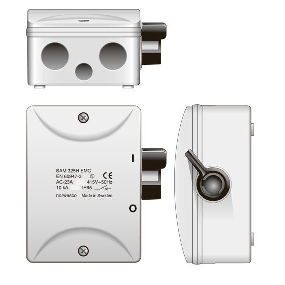 Turvakytkin Norwesco EMC SAM316H, sivusta väännettävä, 3x16A+apukosketin, 500V, 7.5kW, IP65