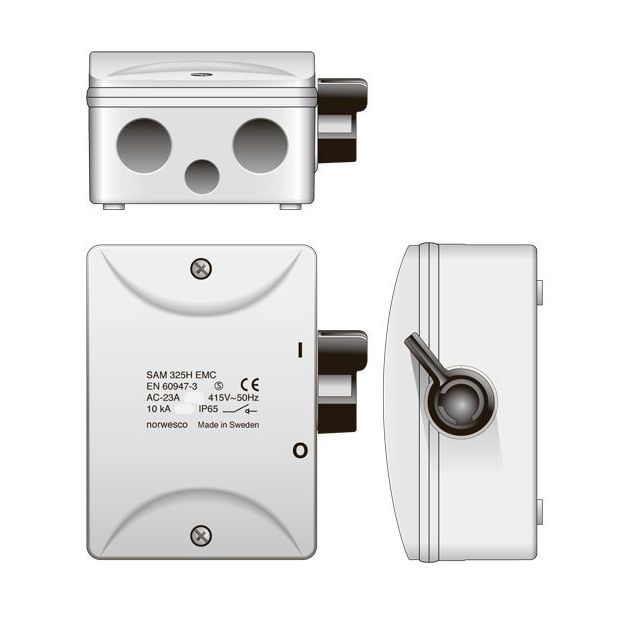 Turvakytkin Norwesco EMC SAM325H, sivusta väännettävä, 3x25A+apukosketin, 500V, 11kW, IP65