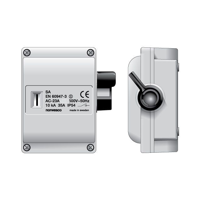 Turvakytkin Norwesco SA316H, sivusta väännettävä, 3x16A+apukosketin, 500V, 7.5kW, IP54, harmaa