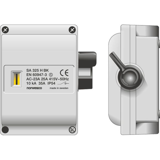 Turvakytkin Norwesco SA425, sivusta väännettävä, 4x25A, 500V, 11kW, IP54, harmaa