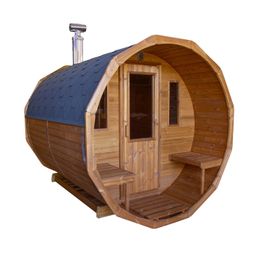 Tynnyrisauna SpaDealers vaakamalli Ø200x260cm lämpöpuu sis. puukiukaan ja savupiipun