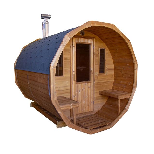 Tynnyrisauna SpaDealers vaakamallinen Ø 200 X 260 cm puukiukaalla ja savupiipulla