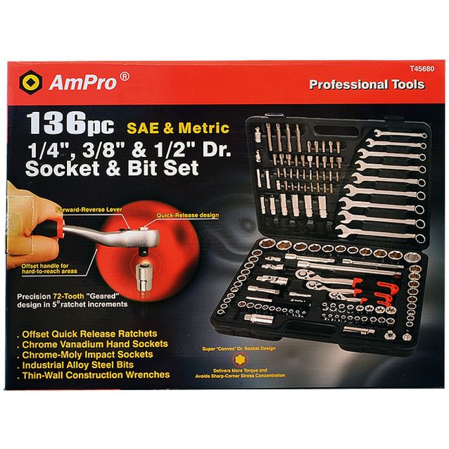 Työkalusarja AmPro 1/4'' 3/8'' 1/2'' MM/SAE 136-osainen
