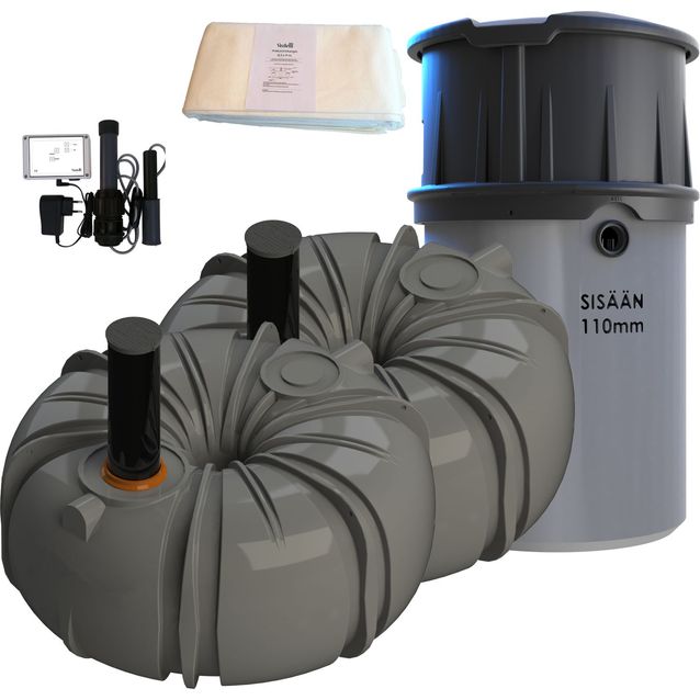 Kaksoisviemäröintipaketti: Umpisäiliö Iisi Donitsi 10000 + Vestelli Biopuhdistaja 4 + täyttymishälytin + ankkurointipakkaus