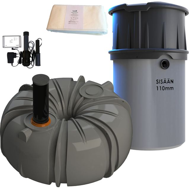 Kaksoisviemäröintipaketti: Umpisäiliö Iisi Donitsi 5000 + Vestelli Biopuhdistaja 3 + täyttymishälytin + ankkurointipakkaus