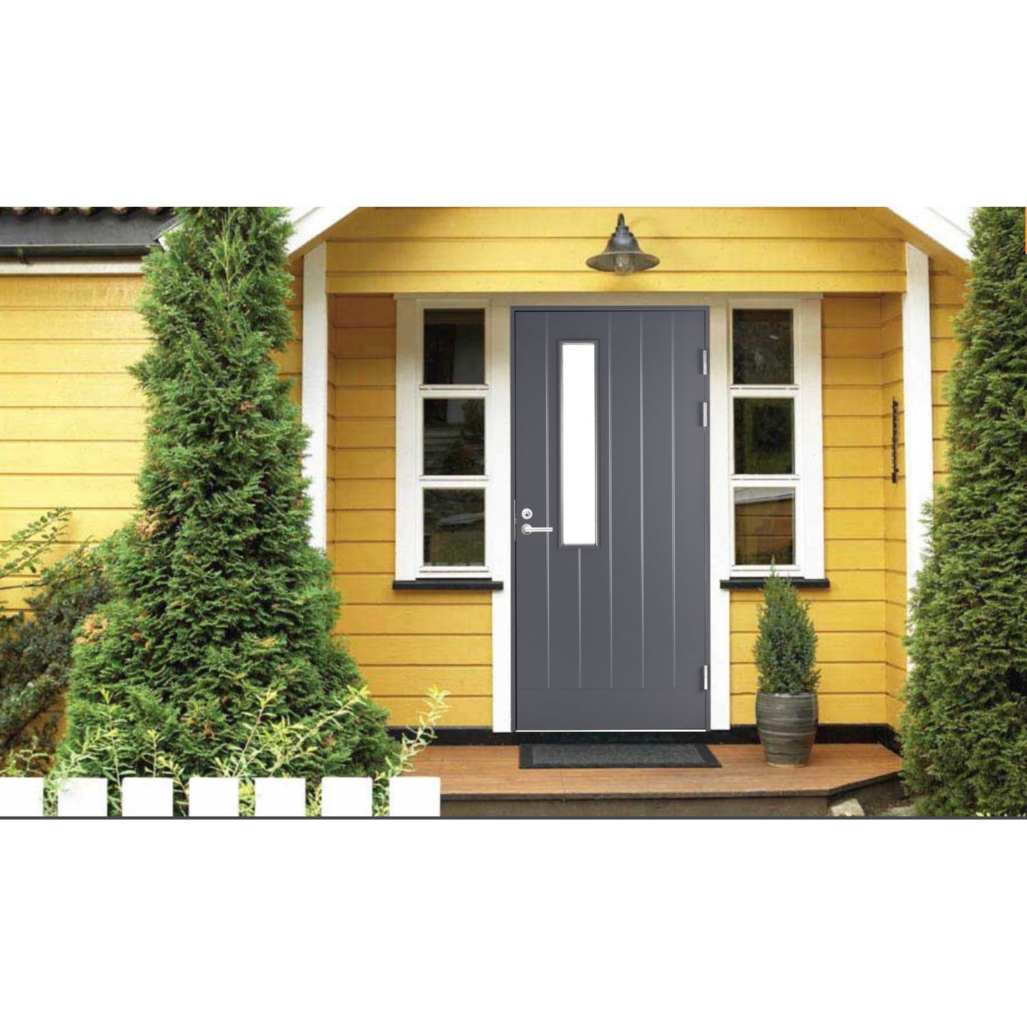 Lasitettu ulko-ovi Swedoor Function F1894W22 tummanharmaa keltaisessa talossa