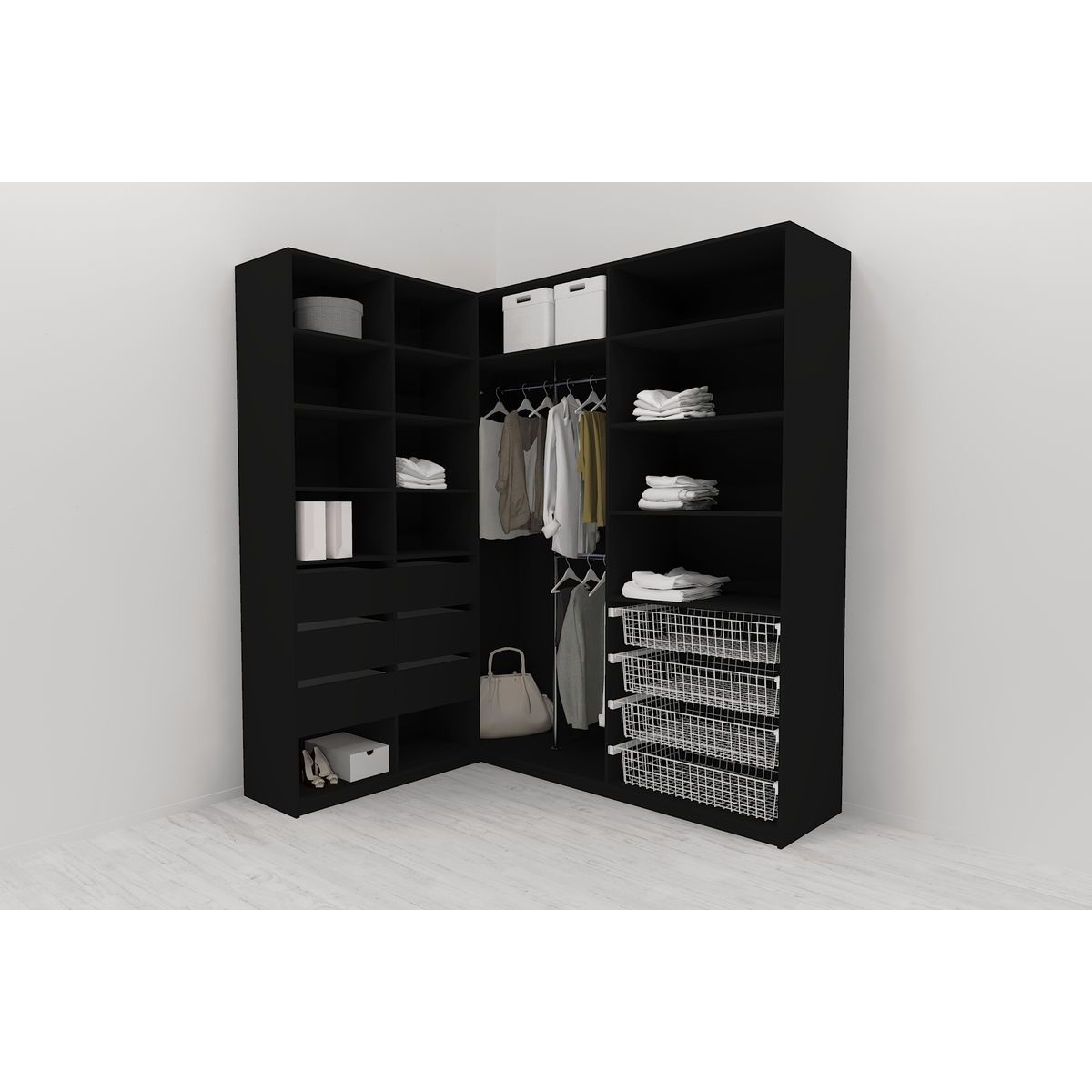 Walk-in closet L-malli Mirror Line 2200x1500x1800 mm musta