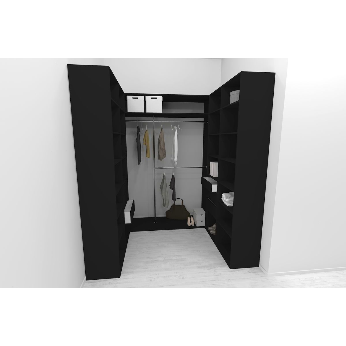 Walk-in closet U-malli Mirror Line 2100/2400x1600x1800 mm musta