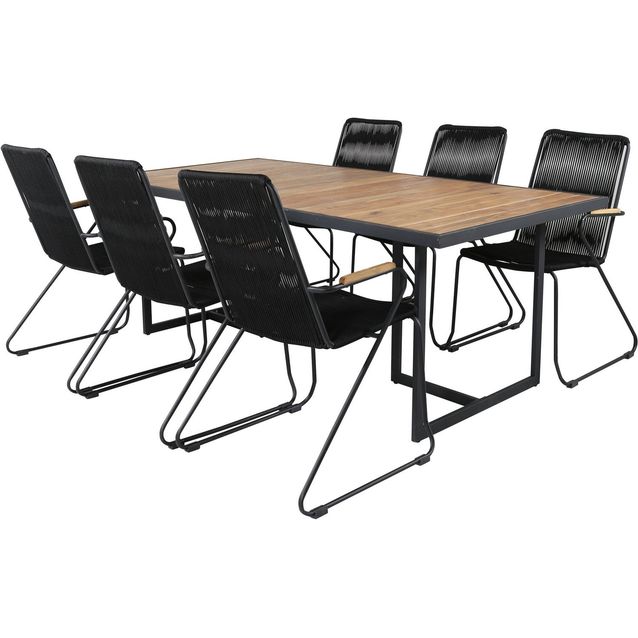 Ruokailuryhmä Venture Home, 200x100cm Khung-pöytä + 6 mustaa Bois-tuolia